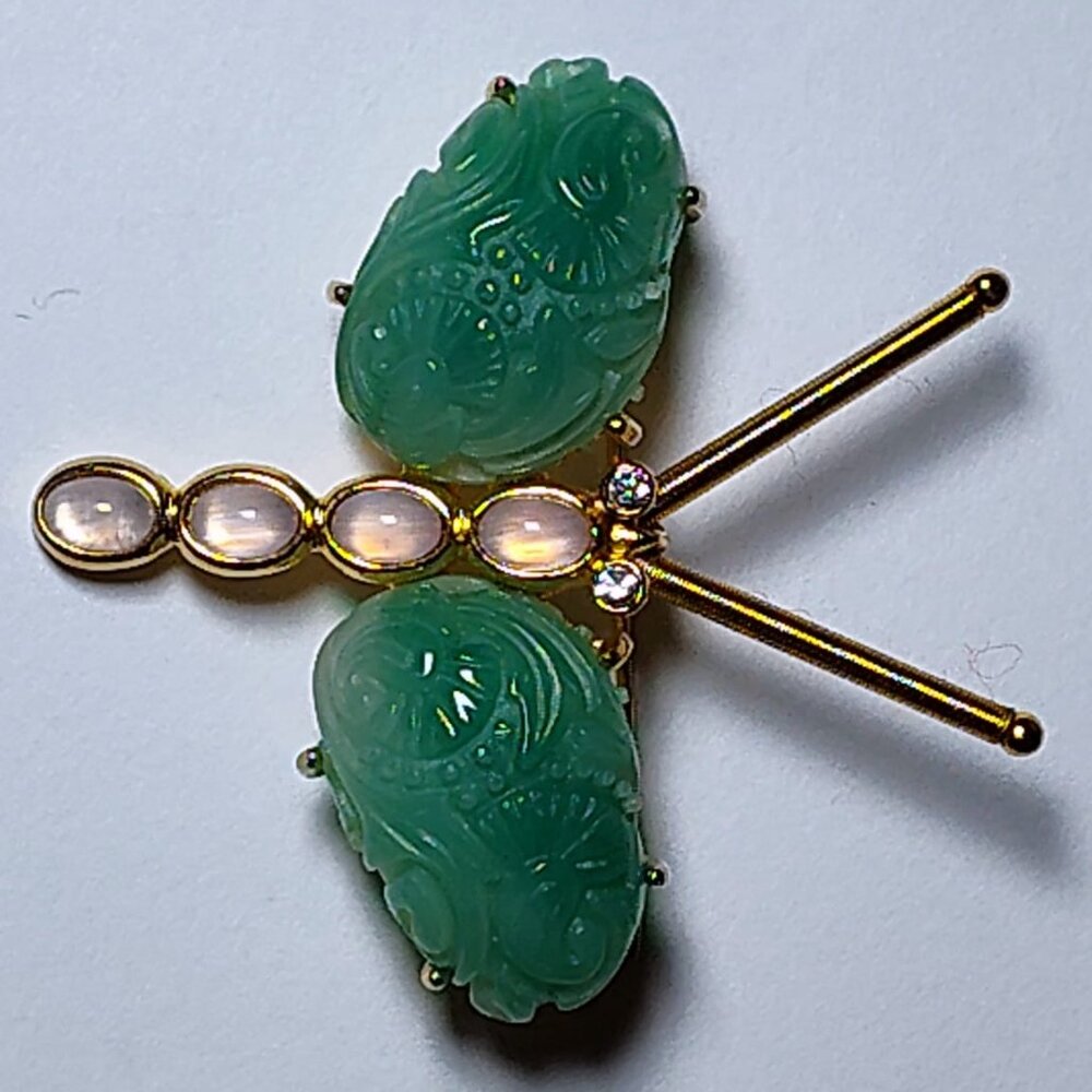 Vintage signed carved jade Rhinestones natural stones gold tore